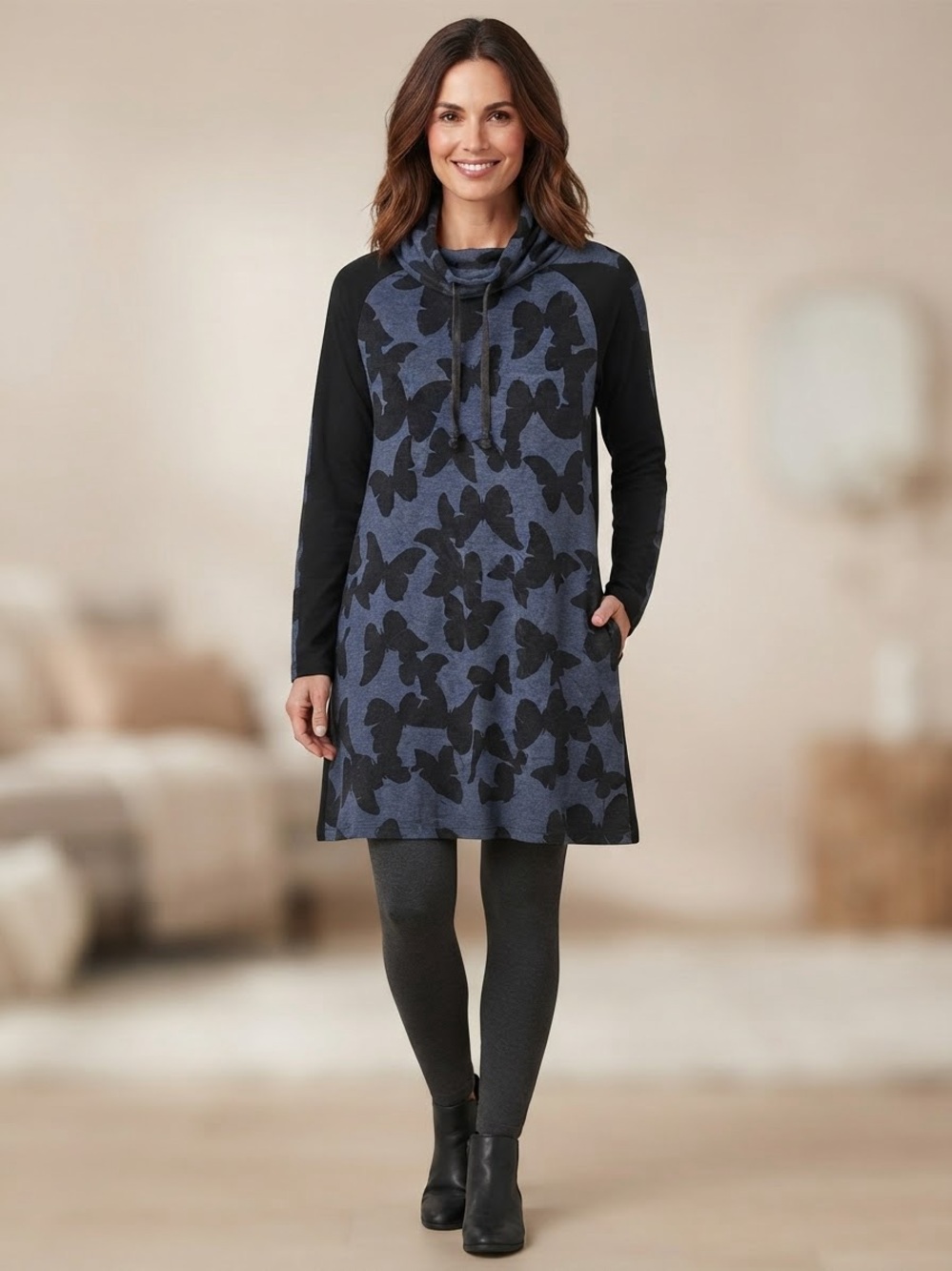 Kensie Navy and Black Cowl Neck Butterfly Tunic Dress